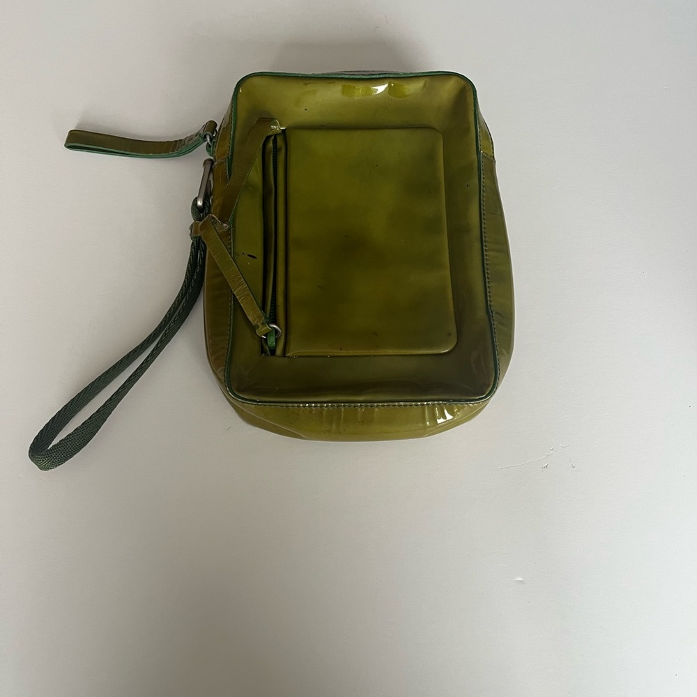 PRADA 90s Olive Green Patent Leather Mini Bag with Wrist Strap